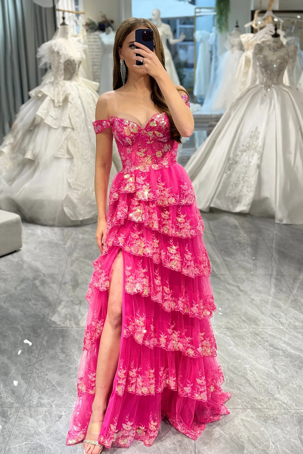 Wholesale Glitter Fuchsia A-Line Long Tiered Corset Prom Dress With Sequined Appliques prom dresses with long sleeves